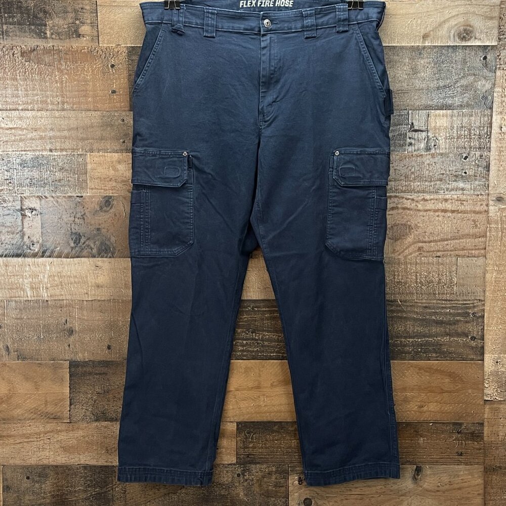 Duluth Flex Fire Hose Cargo Pants Mens 42x32 Blue Relaxed Fit Canvas Workwear